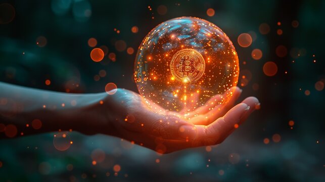 A hand holding a glowing orb filled with digital currency symbols, representing the modern attainment of wealth through technology. Minimal and Simple style