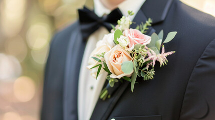 A detailed image of the groom's boutonniere pinned to his lapel, showing the fresh flowers.