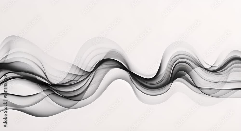 Poster Abstract black and white wavy lines creating a fluid. waves or smoke, sound waves and elegant design on a light background
