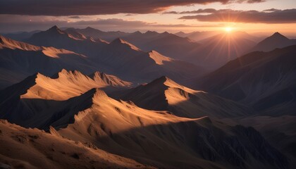 Naklejka premium A dramatic sunset over a rugged mountain range, casting long shadows across the landscape.