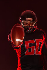 American football player banner on red neon background. Template for bookmaker ads with copy space. Mockup for betting advertisement. Sports betting, football betting, gambling, bookmaker, big win