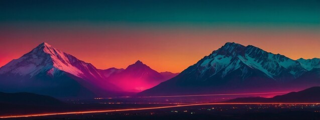 Abstract depiction of mountains bathed in neon lights, blending vintage charm with contemporary flair.