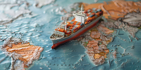 A miniature container ship sits on a detailed world map The ship is in the Atlantic Ocean between North America and Africa