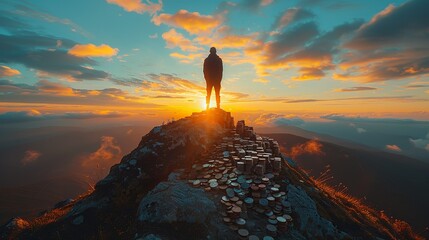 A silhouette of a person standing atop a mountain of coins, with a sunrise backdrop, representing triumph and financial achievement. Minimal and Simple style