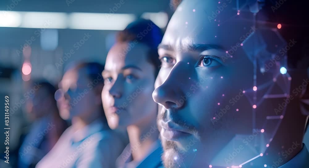 Poster close-up of a man's face with digital facial recognition technology overlay. artificial intelligence