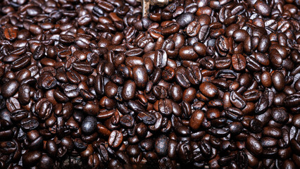 Close up of roasted coffee beans surface rotate in a spinning roaster mashine for background