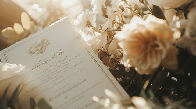 A close-up of the wedding program booklet with elegant design and details of the ceremony.