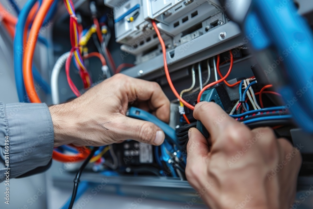 Poster Close up detail of an electrician hands working with wires and fuse switch box.