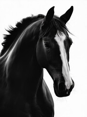 Portrait of a black horse with a focused, dynamic expression against a white background