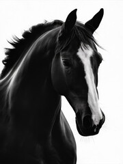 Fototapeta premium Portrait of a black horse with a focused, dynamic expression against a white background