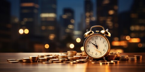 Alarm clock and stacked coins on wooden desk on the background of business buildings. Time for saving concept.