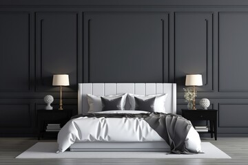 Black and white luxury bedroom interior with double bed standing on wooden floor and two original lamps on bedside tables.