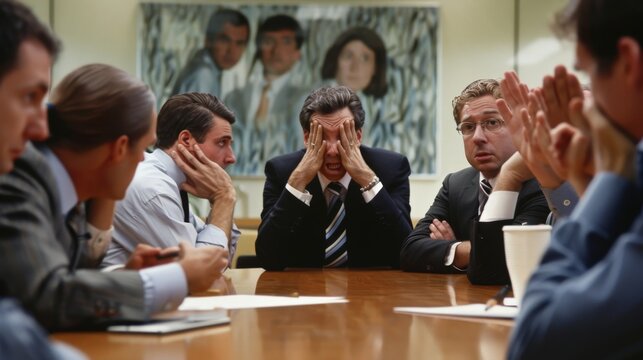 A business meeting where participants show confusion and frustration, unable to reach a consensus