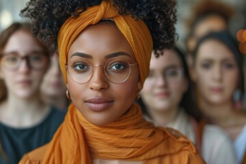 Fototapeta premium A young African descent woman confidently stands out from the crowd with her vibrant headscarf and stylish glasses