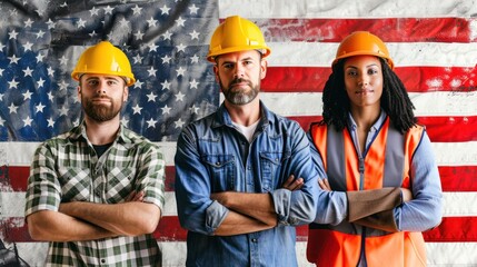 American flag with three diverse workers. Labor day concept.