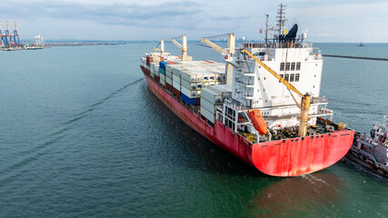 Naklejka premium container ship sailing in sea, shipping business and industry service of cargo logistic import and export international freight transportation by container ship in open sea, aerial view