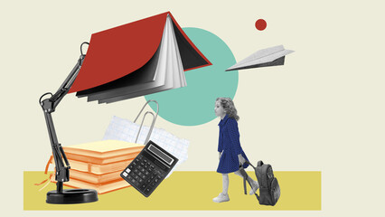 Little sleeping girl carrying backpack and walking in direction of books and lamp. Time for homework. Contemporary art collage. Concept of childhood, education. Creative design in pastel colors