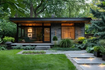 A modern eco friendly house with a lush green living roof and large windows, set in a manicured garden