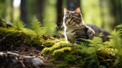 Cat Resting on Mossy Log