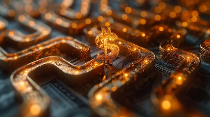 A maze of golden pathways converging at a bright, central dollar sign, symbolizing the journey through challenges to financial success. Minimal and Simple style