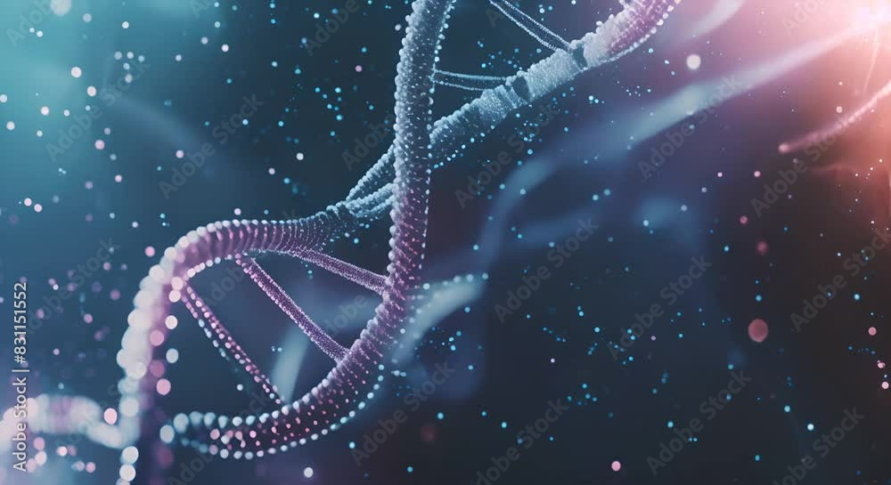 Poster close-up view of a dna double helix with particles and light effects. biotechnology and genetic rese