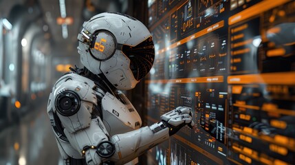 Futuristic Corporate Boardroom with Android Robot Analyzing Business Charts