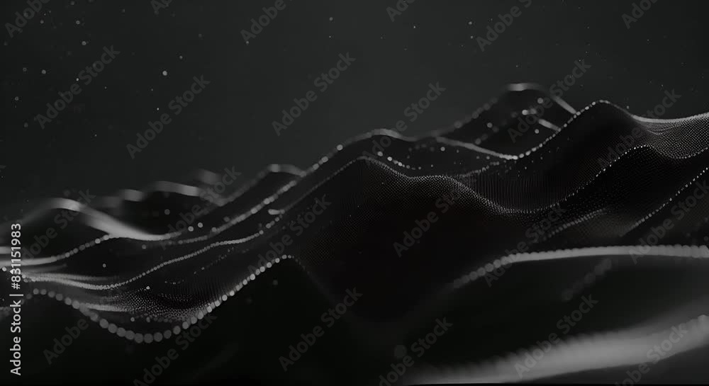 Poster Abstract black and white digital landscape with particle waves. Futuristic technology and data visualization concept. Design for banner, poster, wallpaper