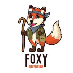 Mascot fox logo adventure, A sly fox with a bandana around its neck and a walking stick. The fox can have a small satchel