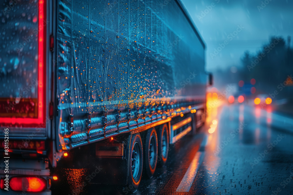 Wall mural huge truck trailer covered with wet tent on rainy day highway rear view. powerful lorry delivering c