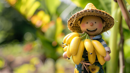 Diorama of Happy Banana Farmer Showing Off a Hand of Ripe Bananas