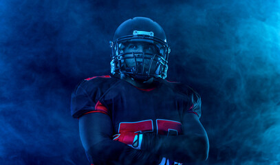 American football player banner on red neon background. Template for bookmaker ads with copy space. Mockup for betting advertisement. Sports betting, football betting, gambling, bookmaker, big win © Mike Orlov
