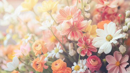 Obraz premium Macro of colorful spring flowers in soft focus. Bright and delicate blooms creating vibrant and cheerful display