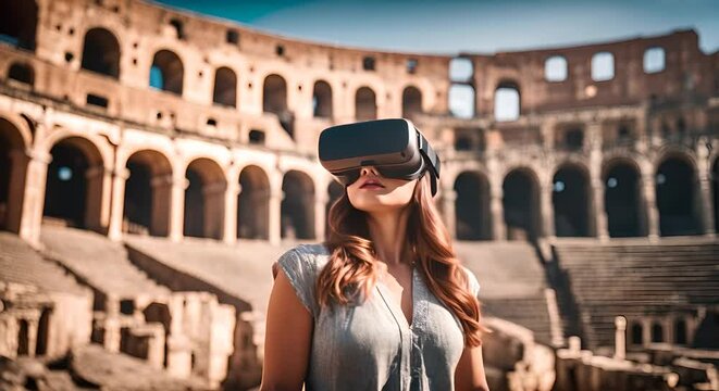 Tourist with VR glasses in the Coliseum.