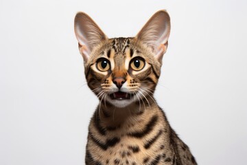 Obraz premium Portrait of a happy savannah cat in front of white background