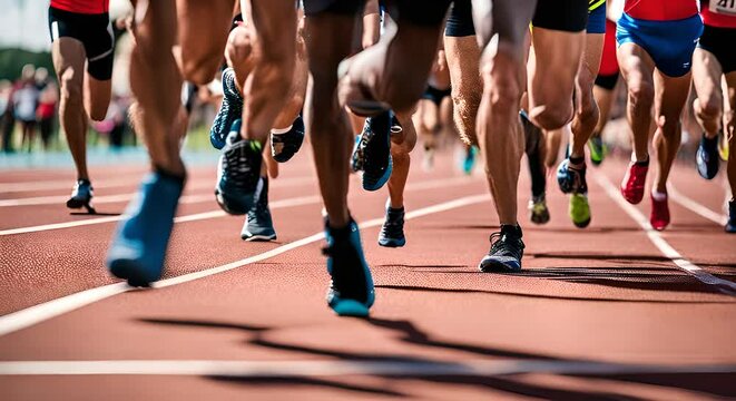 Legs of runners on the athletics track.