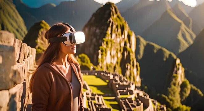 Woman with VR glasses in Machu Picchu.