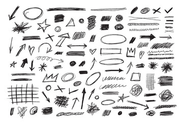 Hand drawn collection pen, pencil, charcoal simple elements. Doodle set different oval, lines, arrows, highlights and shapes in grunge style.
