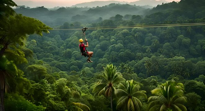 Person enjoying a zip line in the jungle.