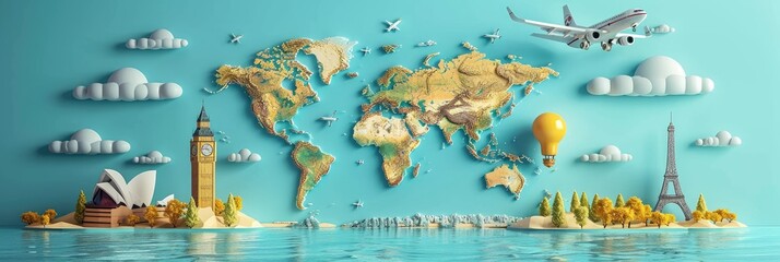 Naklejka premium Paper world map with iconic landmarks and clouds.