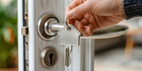 Modern key in houseshaped keychain inserted into door lock with living room in background. Concept Real Estate, Home Ownership, Interior Design, Security, Lifestyle