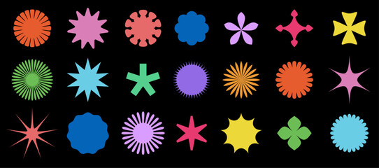 A dynamic collection of abstract shapes in neon glow colors set against a dark background, creating a striking contrast. © Vjom