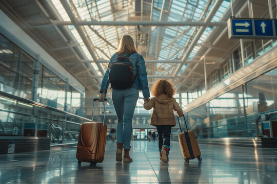 Mother and daughter walking together through the airport terminal with a backpack and a suitcase, backside view - Powered by Adobe