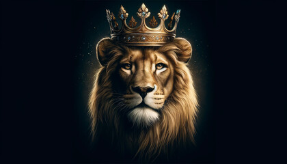 A noble lion with an ornate crown, highlighted by a dark and moody background.
