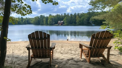 Fototapeta premium Chairs overlooking still lake with cottage surrounded by trees sandy beach with loungers