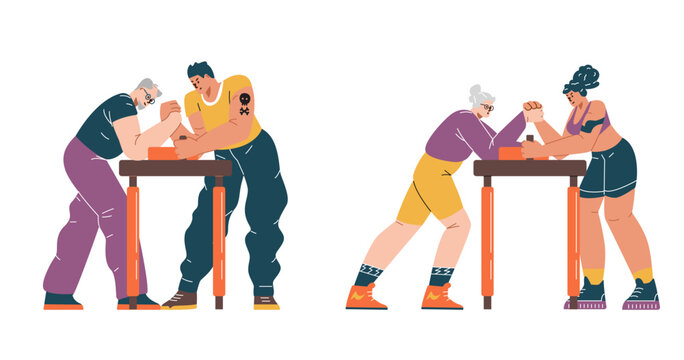 A vector collection of illustrations of arm wrestling competitions with rivals of different ages