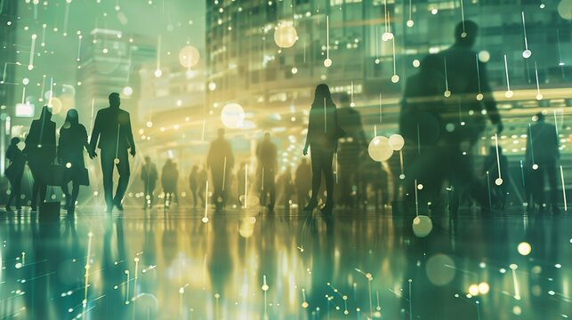 Network and internet communication concept Silhouettes of business people in abstract city with double exposure of blurry network interface Toned image : Generative AI - Powered by Adobe