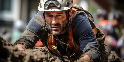 Obraz premium Rescue Worker in Helmet Clearing Earthquake Rubble from Damaged House After Disaster. Concept Disaster Relief, Search and Rescue, Earthquake Response, Emergency Services, Rubble Clearing