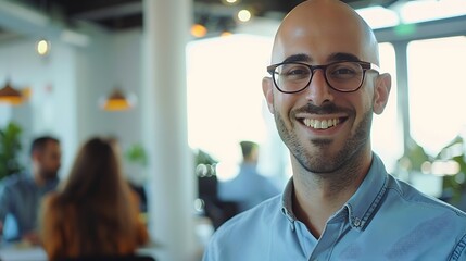 Portrait of happy millennial male business owner in modern office Businessman wearing glasses smiling and looking at camera Busy diverse team working in background Leadership concept H : Generative AI