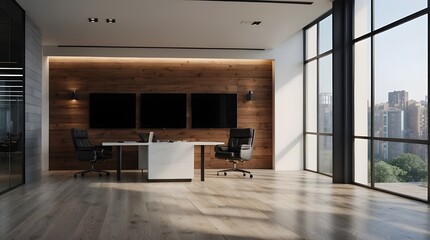 interior is an modern office with large window city view 