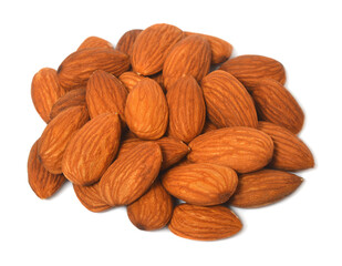 Almond nuts closeup isolated on white background. Flat lay, top view